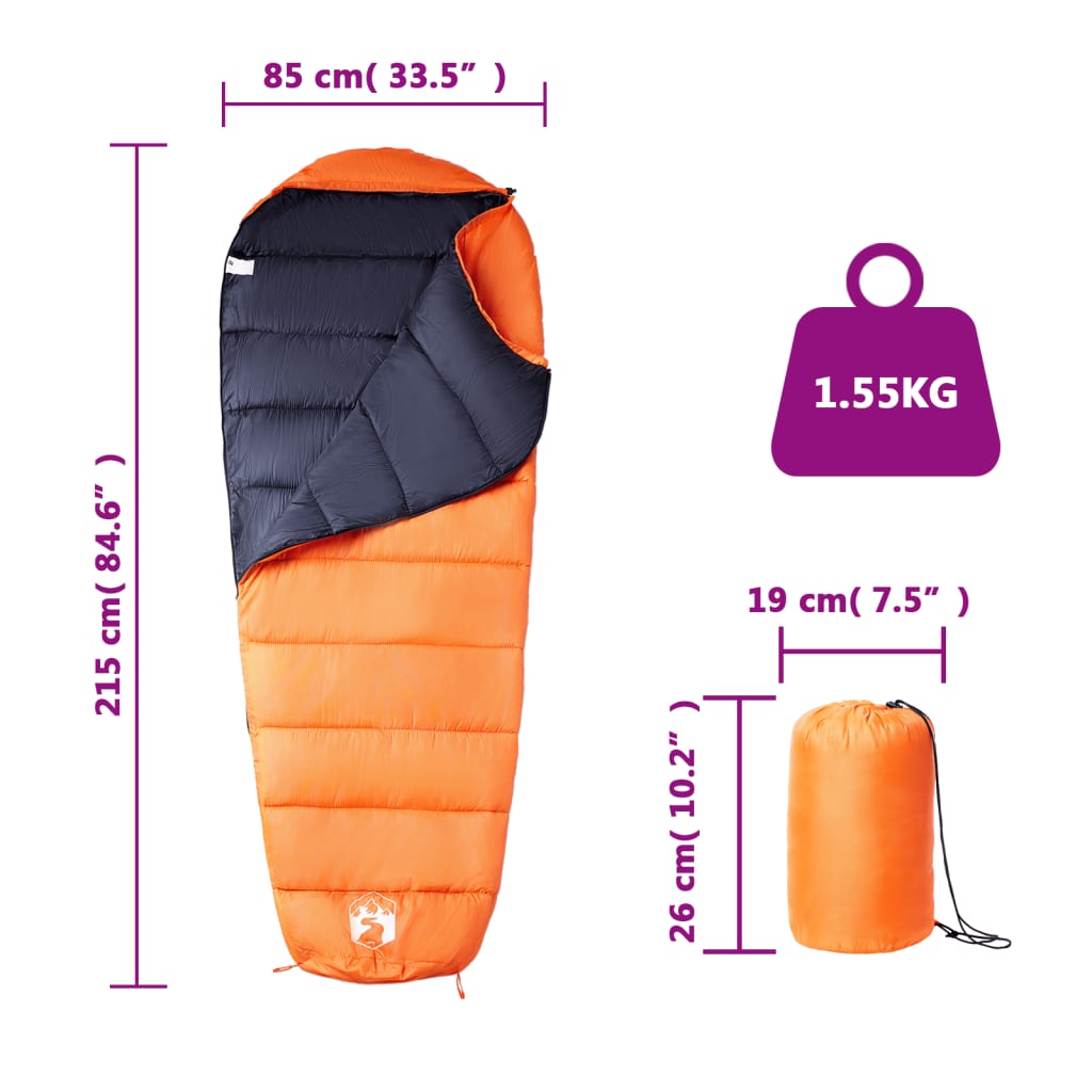 vidaXL Mummy Sleeping Bag for Adults Camping 3 Seasons - Orange - 215 x 85 cm - 64281
