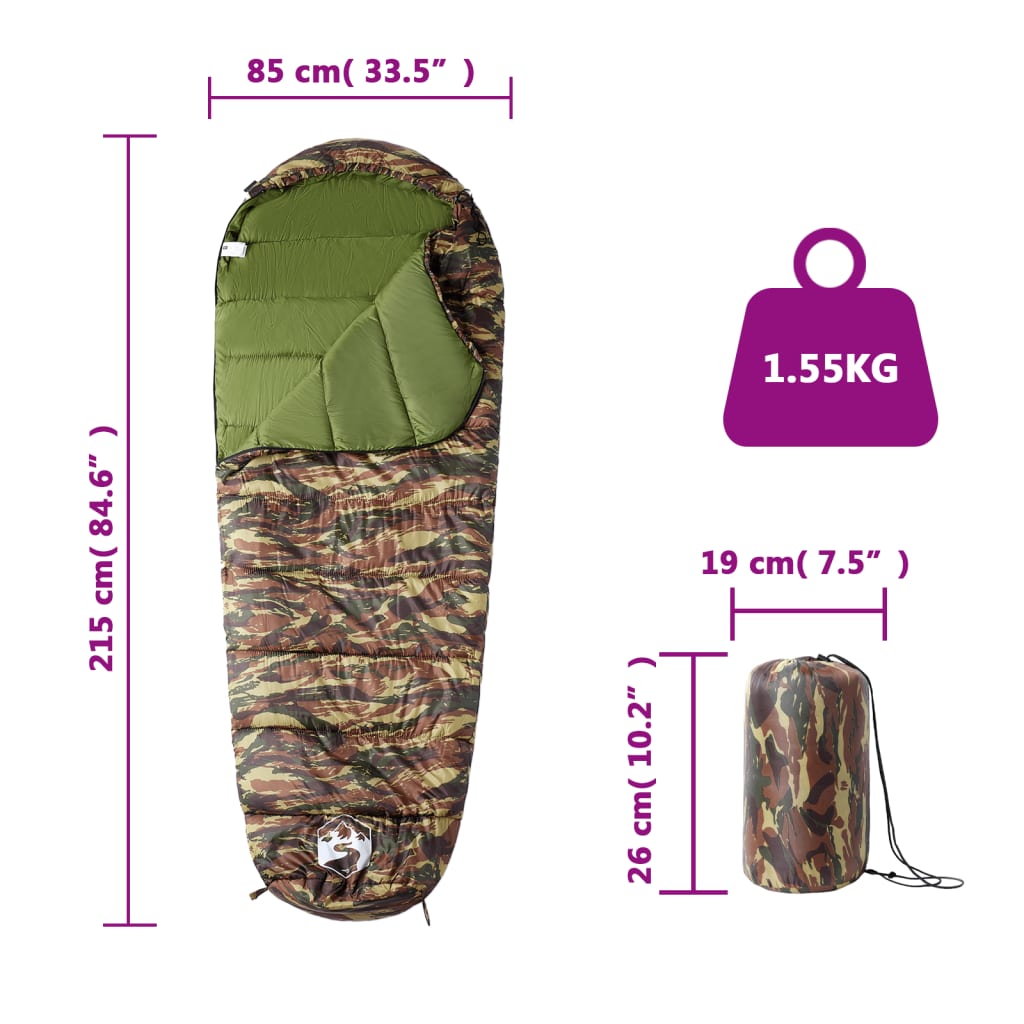 vidaXL Mummy Sleeping Bag for Adults Camping 3 Seasons - Gre - 215 x 85 cm - 64284