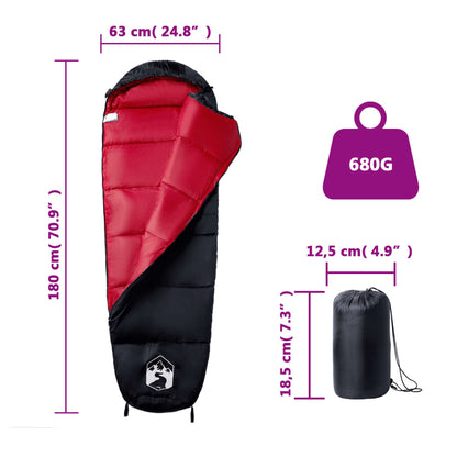 vidaXL Mummy Sleeping Bag for Adults Camping 3 Seasons - Red - 180 x 63 cm