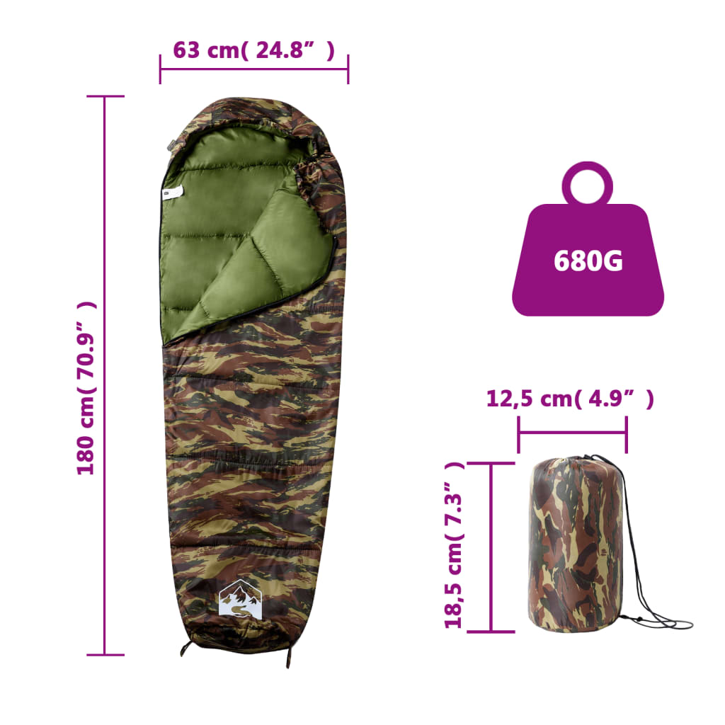 vidaXL Mummy Sleeping Bag for Adults Camping 3 Seasons - Gre - 180 x 63 cm