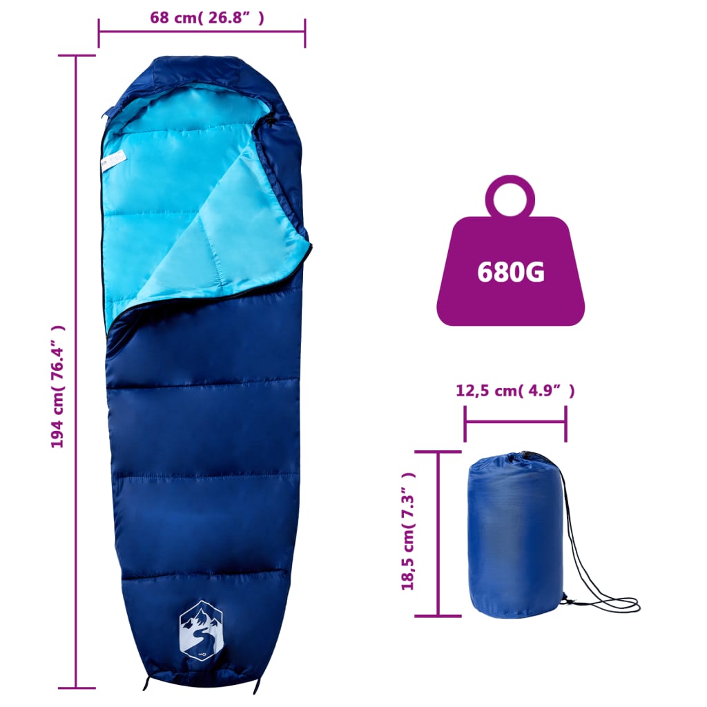 vidaXL Mummy Sleeping Bag for Adults Camping 3 Seasons - Blue - 194 x 68 cm