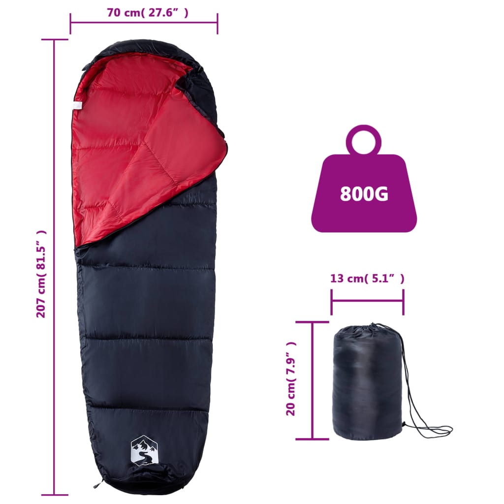 vidaXL Mummy Sleeping Bag for Adults Camping 3 Seasons - Red - 207 x 70 cm