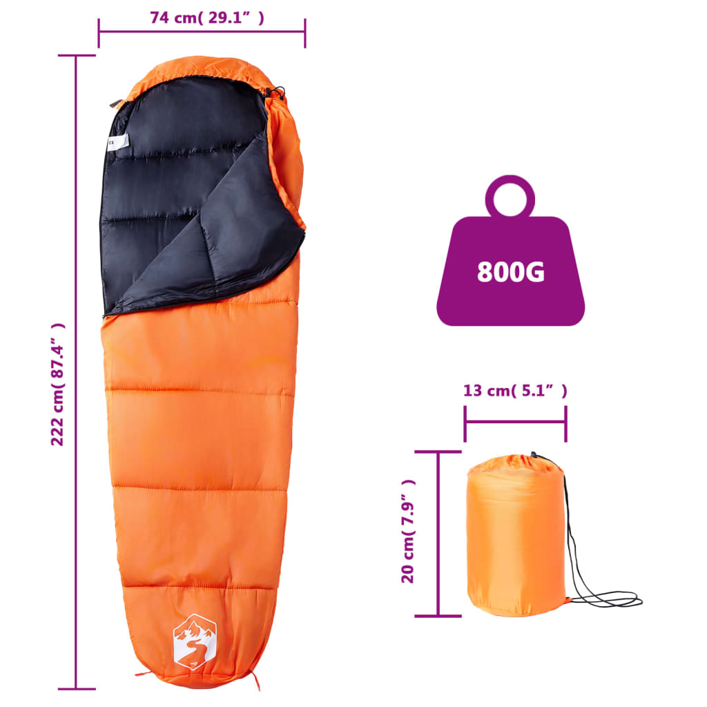 vidaXL Mummy Sleeping Bag for Adults Camping 3 Seasons - Orange - 222 x 74 cm