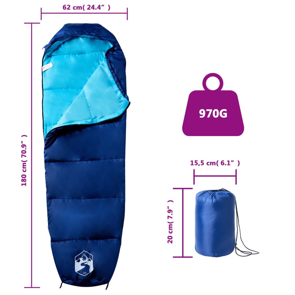 vidaXL Mummy Sleeping Bag for Adults Camping 3 Seasons - Blue - 180 x 62 cm