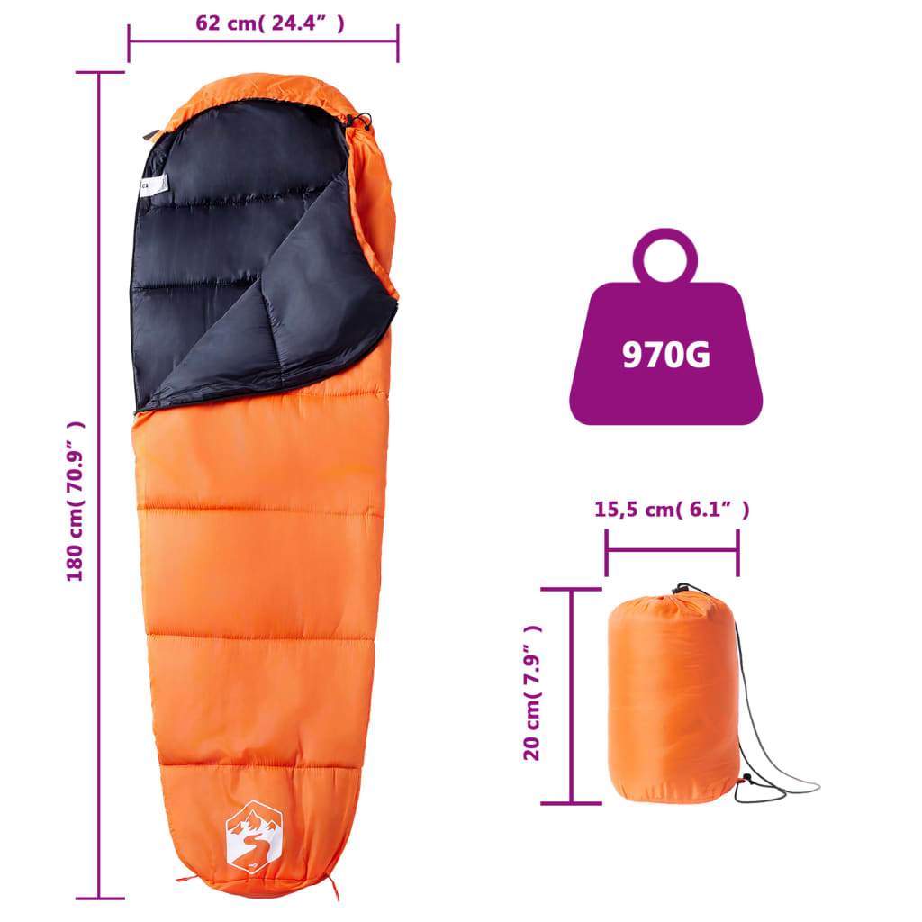 vidaXL Mummy Sleeping Bag for Adults Camping 3 Seasons - Orange - 180 x 62 cm