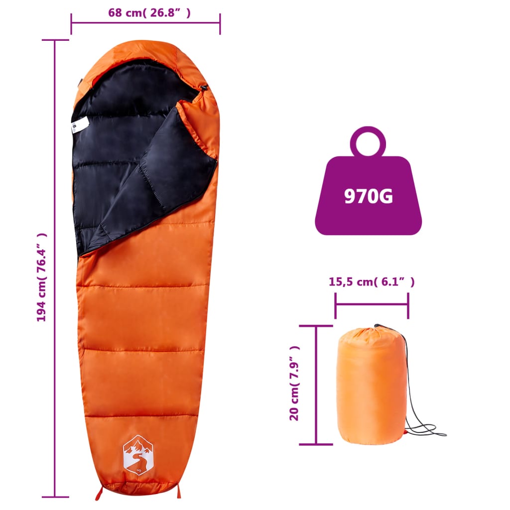 vidaXL Mummy Sleeping Bag for Adults Camping 3 Seasons - Orange - 194 x 68 cm - 64416