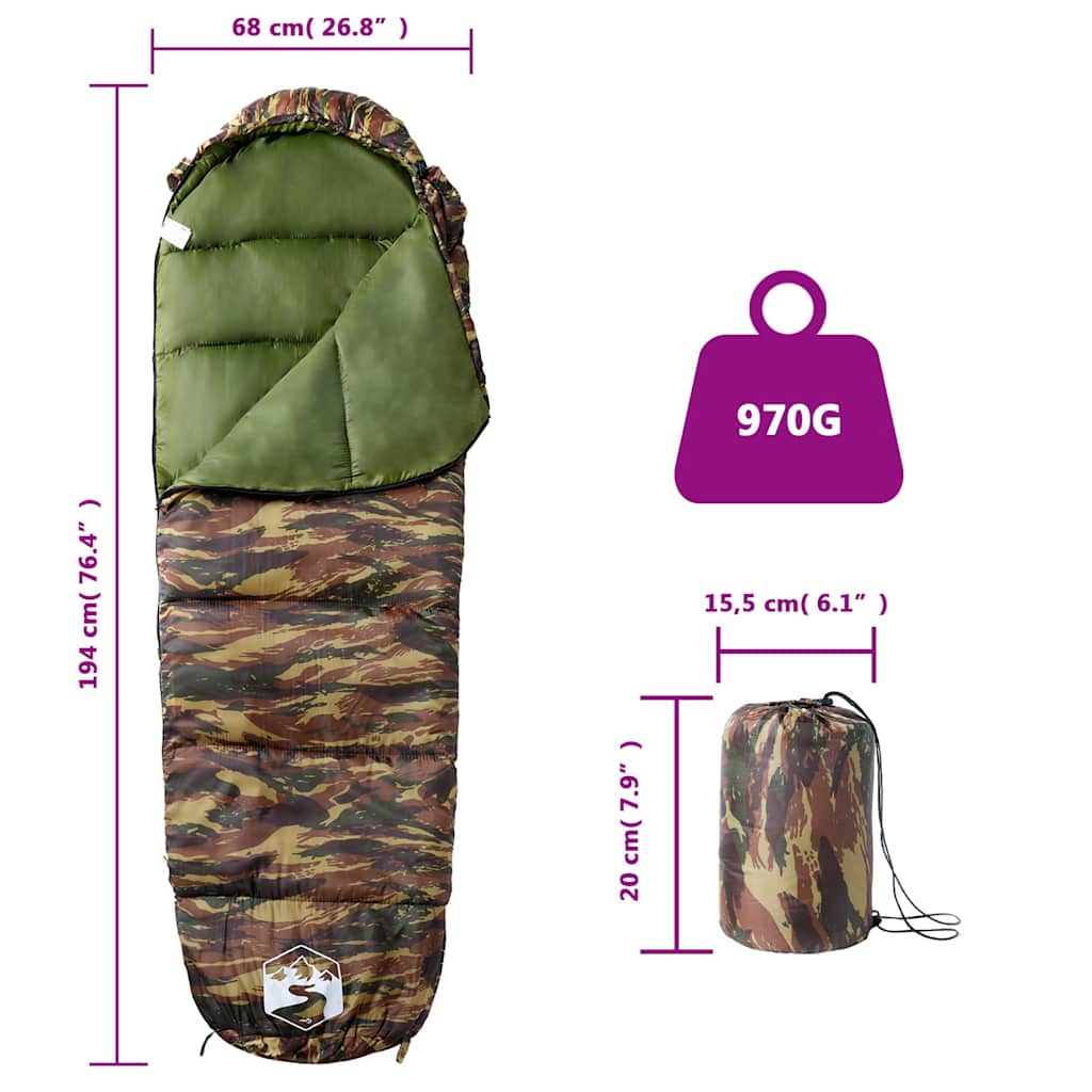 vidaXL Mummy Sleeping Bag for Adults Camping 3 Seasons - Gre - 194 x 68 cm - 64417