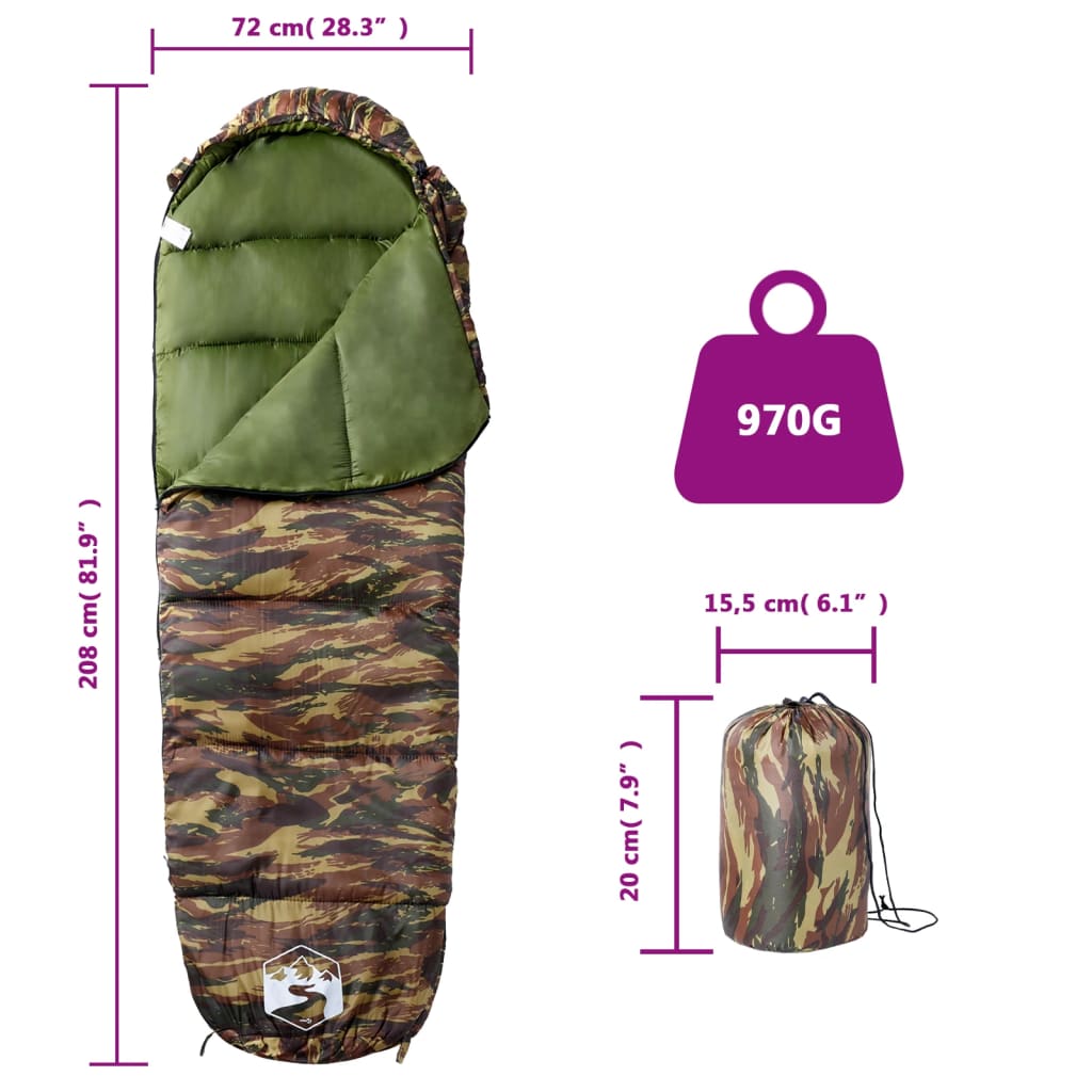 vidaXL Mummy Sleeping Bag for Adults Camping 3 Seasons - Gre - 208 x 72 cm