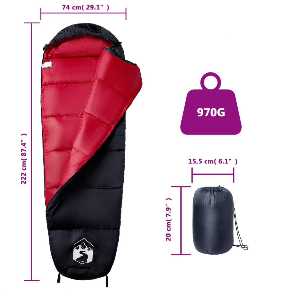 vidaXL Mummy Sleeping Bag for Adults Camping 3 Seasons - Red - 222 x 74 cm - 64452