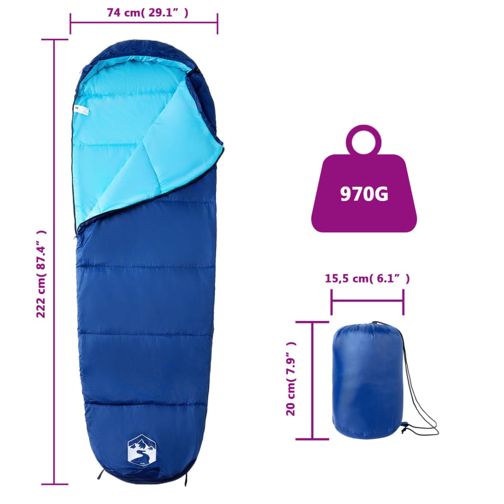 vidaXL Mummy Sleeping Bag for Adults Camping 3 Seasons - Blue - 222 x 74 cm - 64457