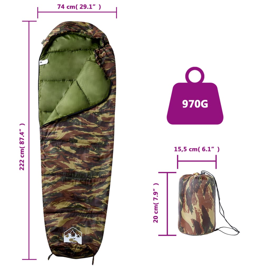 vidaXL Mummy Sleeping Bag for Adults Camping 3 Seasons - Gre - 222 x 74 cm - 64473