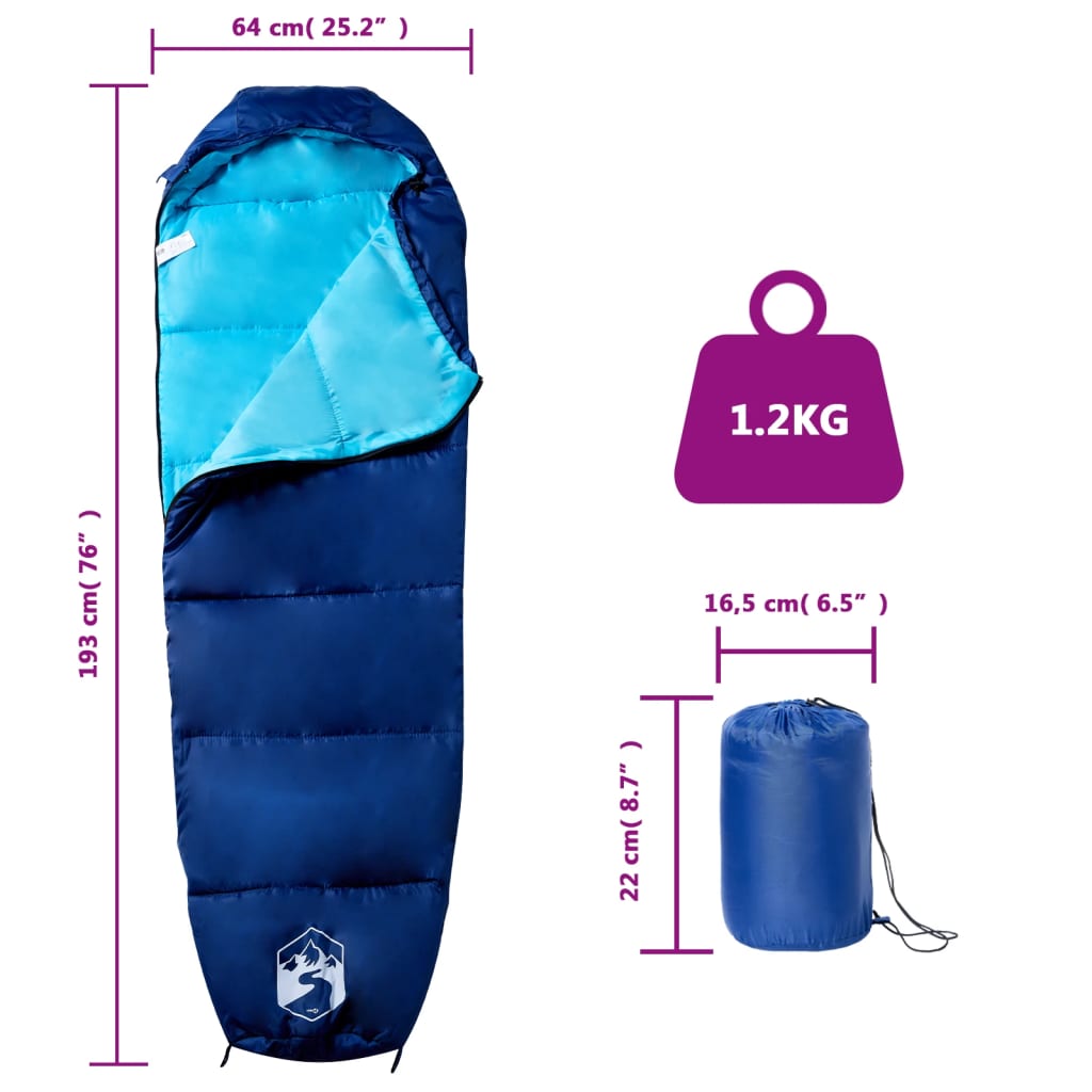 vidaXL Mummy Sleeping Bag for Adults Camping 3 Seasons - Blue - 193 x 64 cm