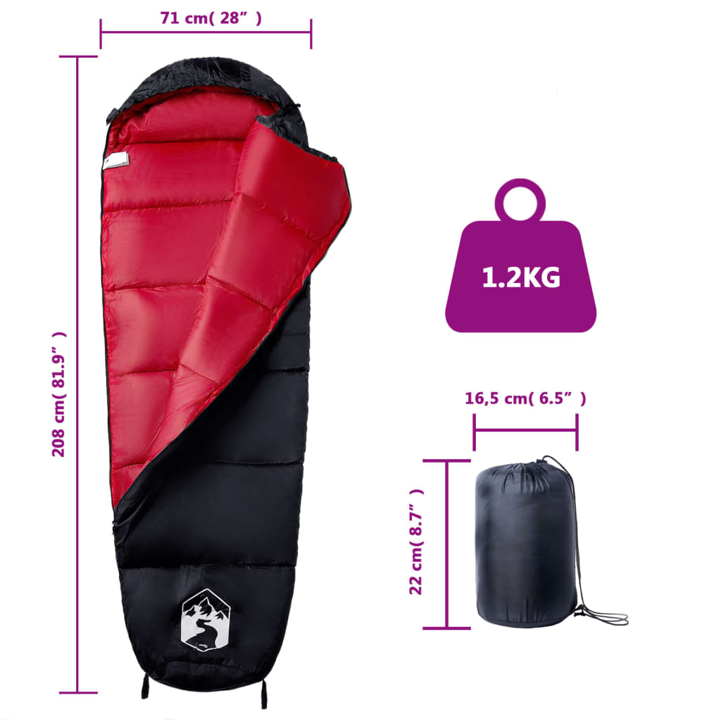 vidaXL Mummy Sleeping Bag for Adults Camping 3 Seasons - Red - 208 x 71 cm