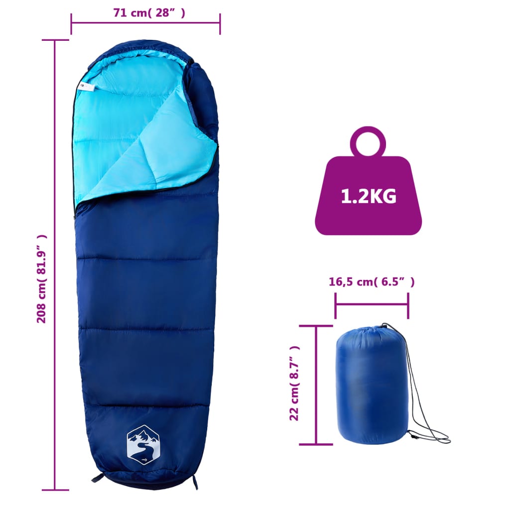 vidaXL Mummy Sleeping Bag for Adults Camping 3 Seasons - Blue - 208 x 71 cm