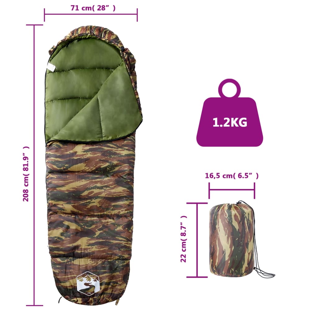 vidaXL Mummy Sleeping Bag for Adults Camping 3 Seasons - Gre - 208 x 71 cm