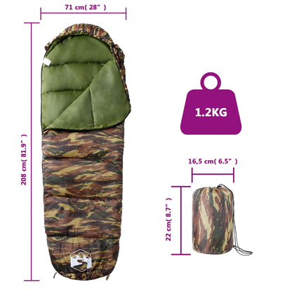 vidaXL Mummy Sleeping Bag for Adults Camping 3 Seasons - Gre - 208 x 71 cm