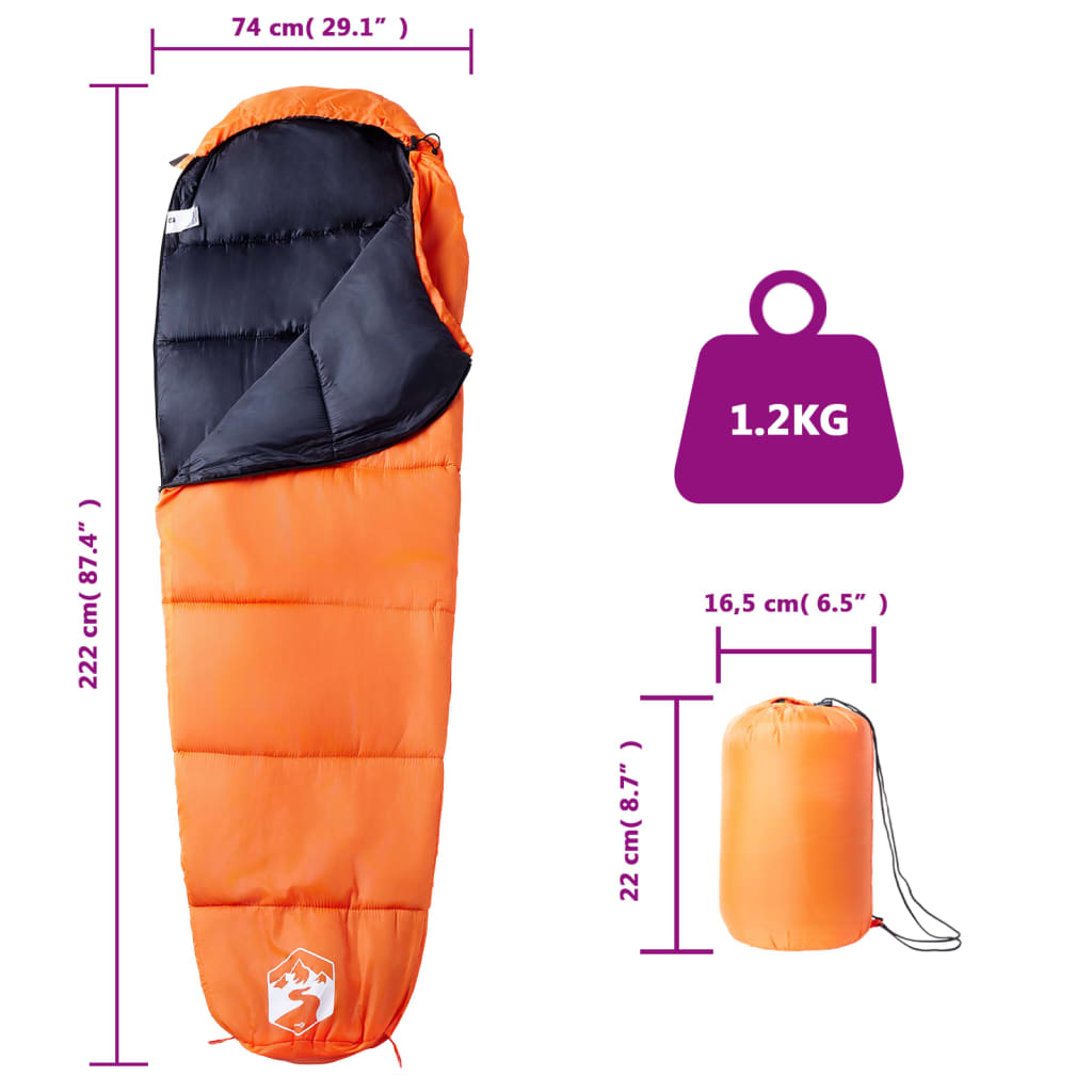 vidaXL Mummy Sleeping Bag for Adults Camping 3 Seasons - Orange - 222 x 74 cm - 64554