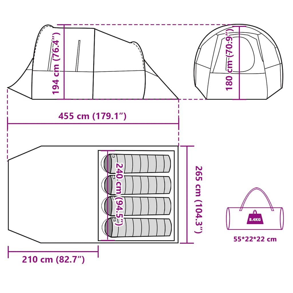 vidaXL Camping Tent Tunnel 4-Person Grey and Orange Waterproof - 43369