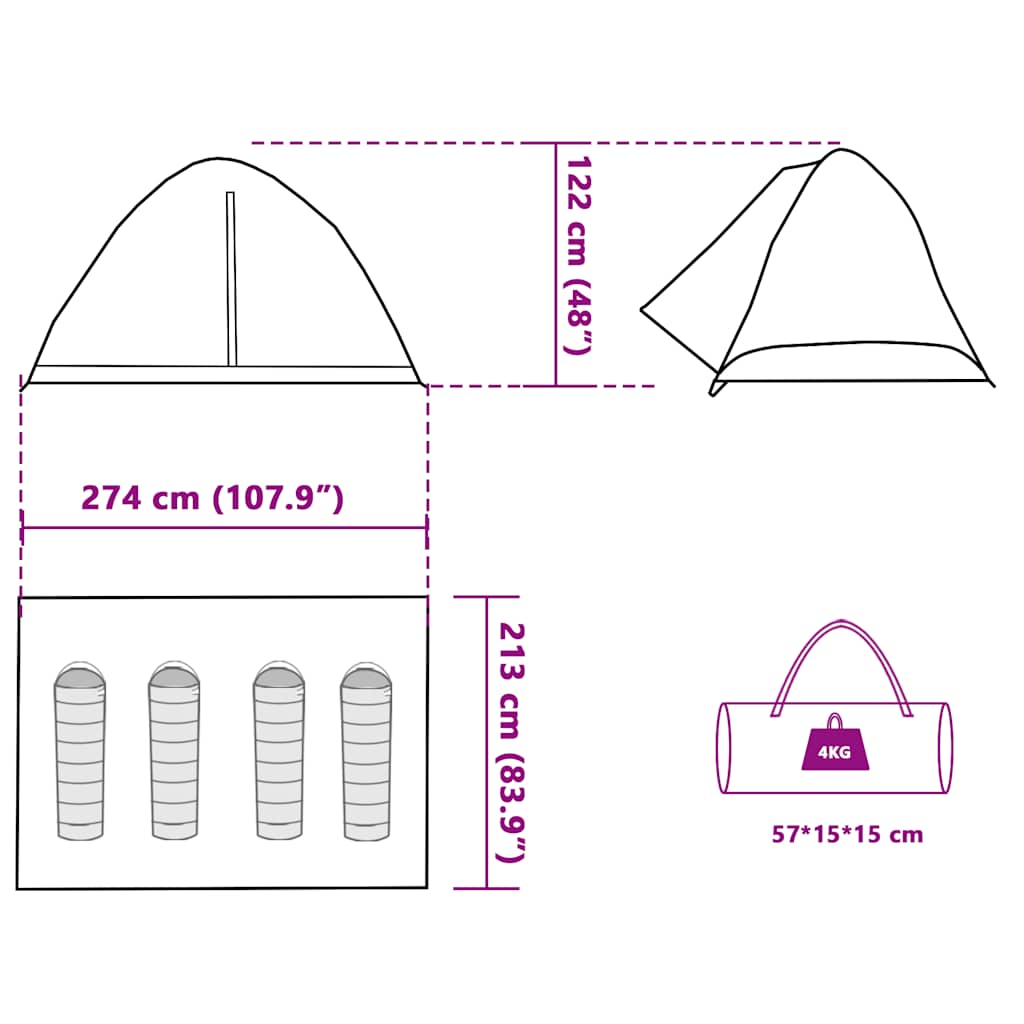 vidaXL Camping Tent Dome 4-Person Green Waterproof - 43438