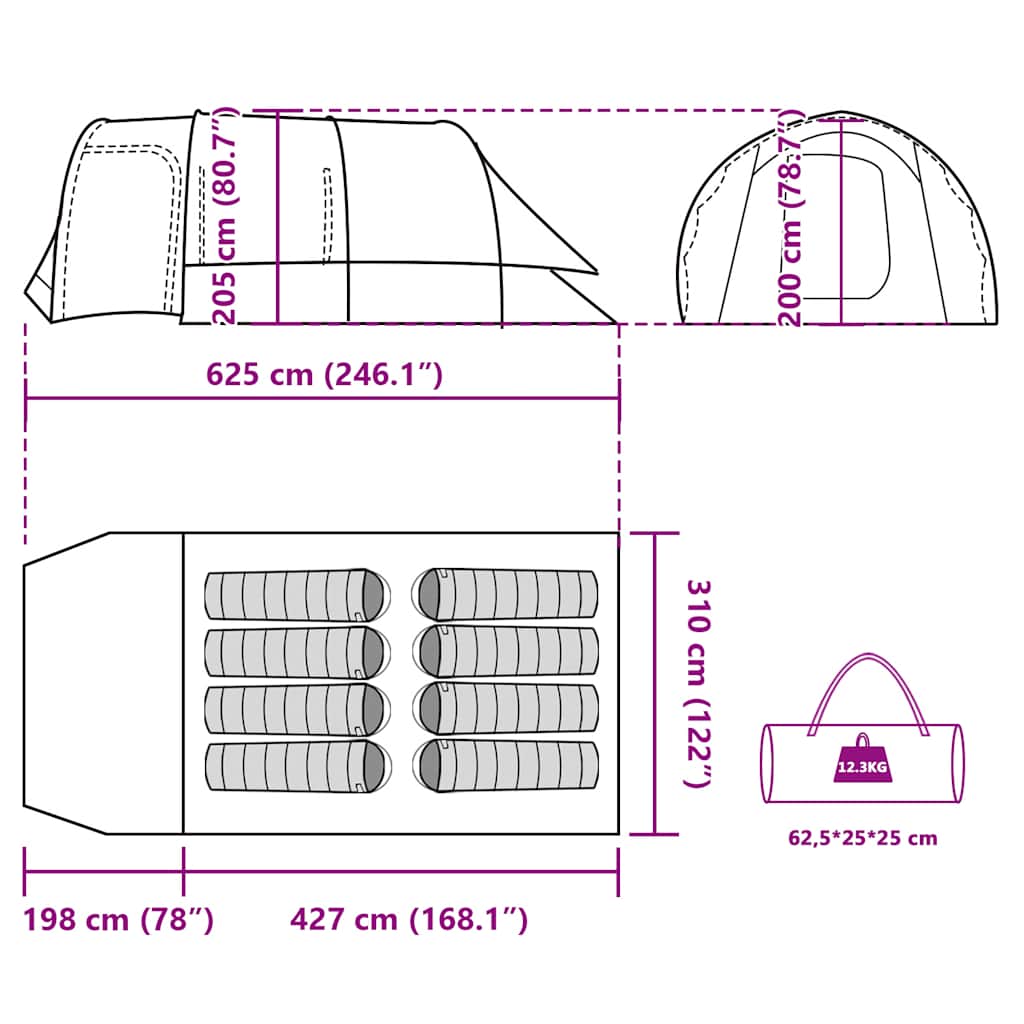 vidaXL Family Tent Tunnel 8-Person Grey Waterproof