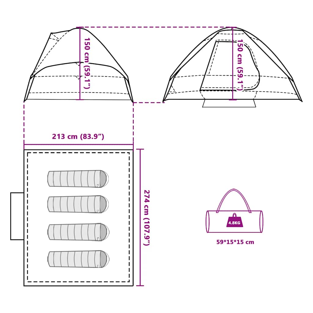 vidaXL Camping Tent Dome 4-Person White Blackout Fabric Waterproof - 44106