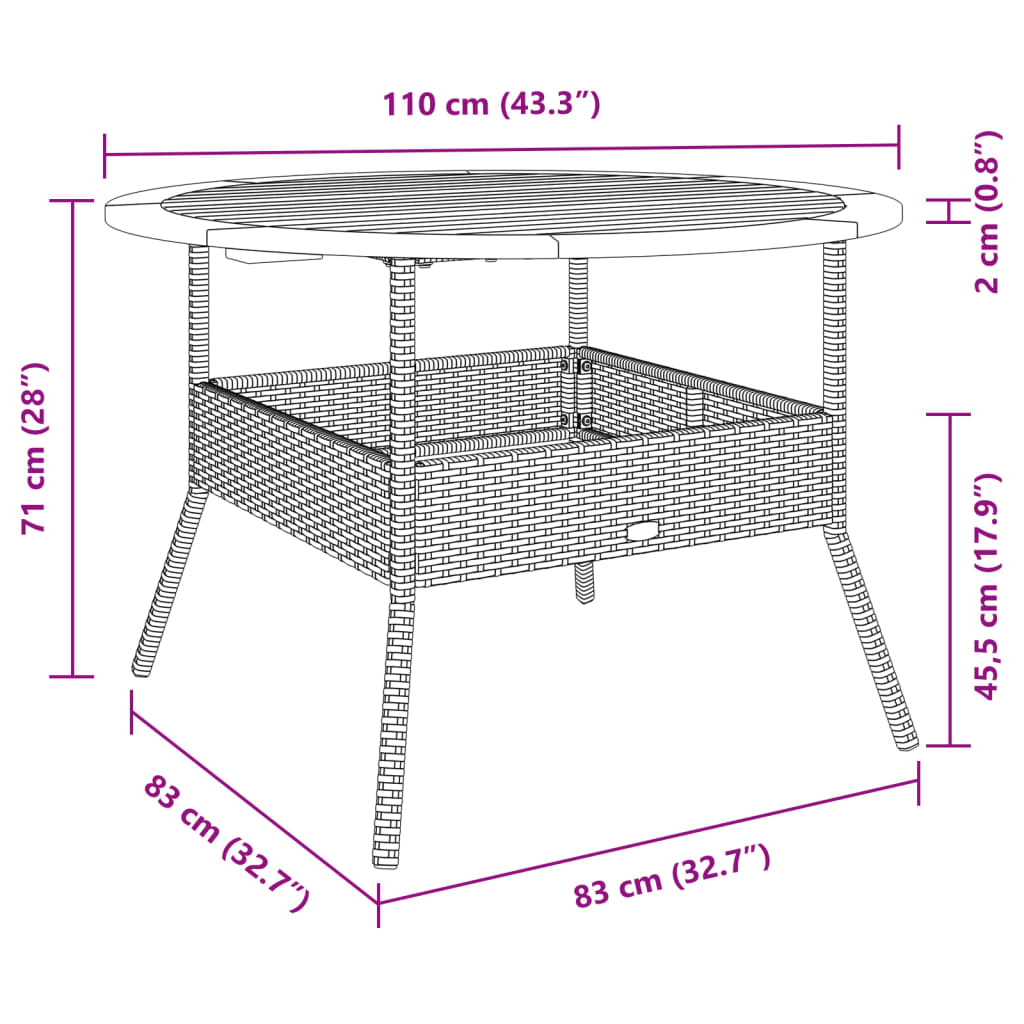 vidaXL Garden Table with Acacia Wood Top Black Ø110x71 cm Poly Rattan