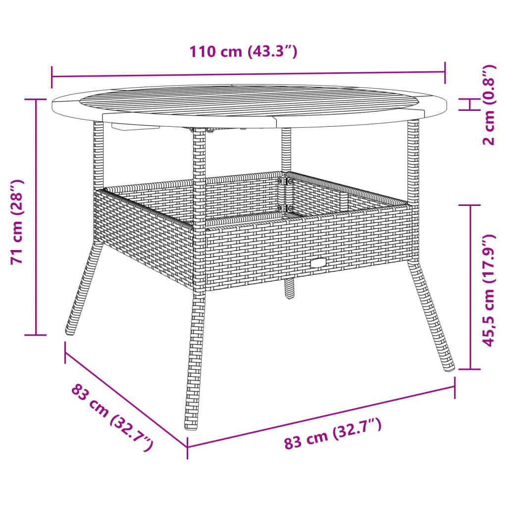 vidaXL Garden Table with Acacia Wood Top Grey Ø110x71 cm Poly Rattan