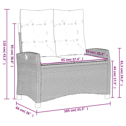 vidaXL Reclining Garden Bench with Cushions Brown Poly Rattan - 105 x 66 x 93 cm