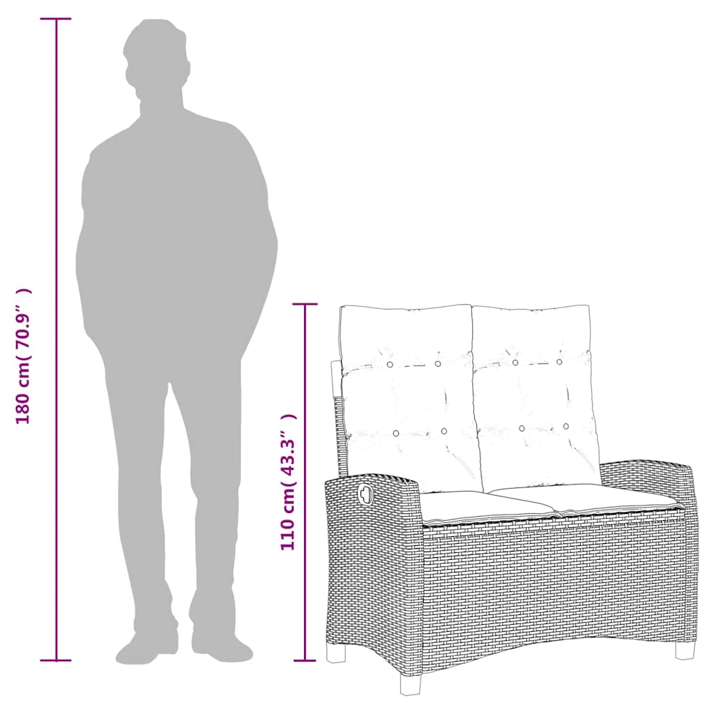 vidaXL Reclining Garden Bench with Cushions Black Poly Rattan - 105 x 66 x 93 cm