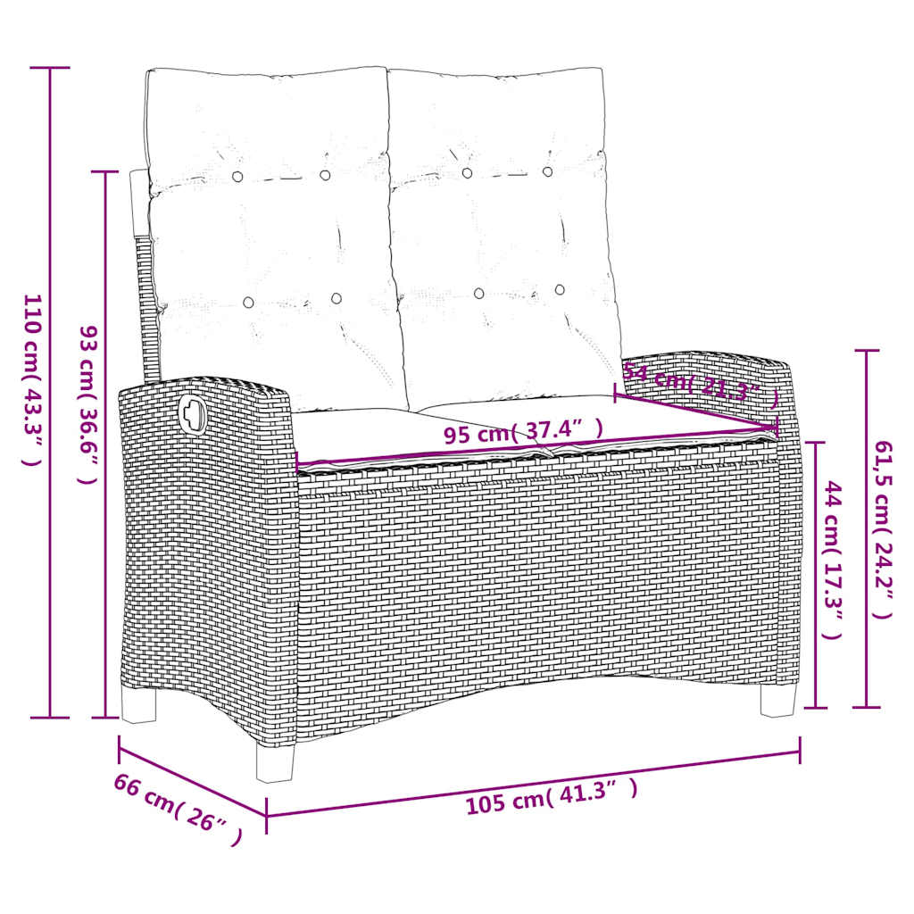 vidaXL Reclining Garden Bench with Cushions Black Poly Rattan - 105 x 66 x 93 cm