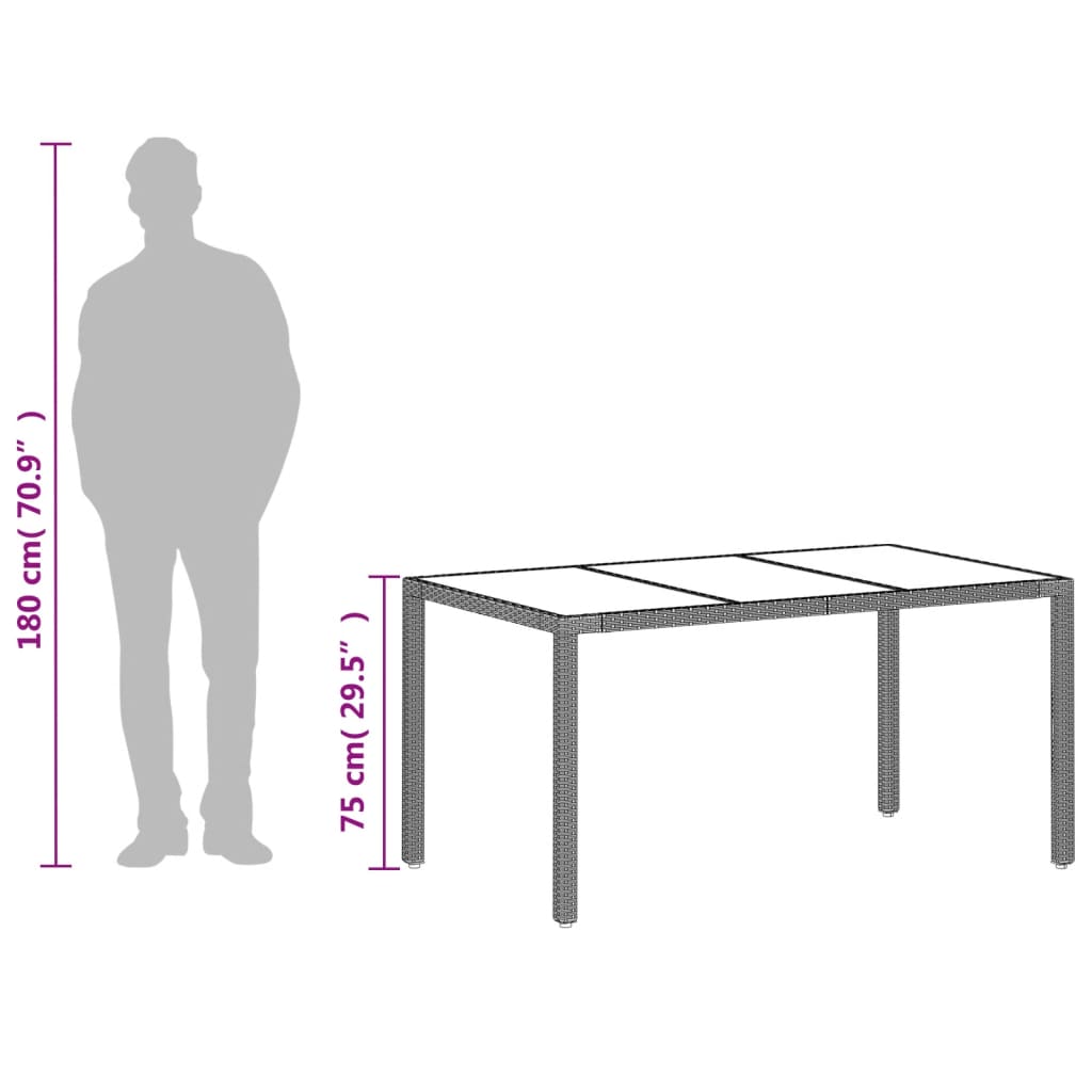 vidaXL Garden Table with Glass Top Light Grey 150x90x75 cm Poly Rattan