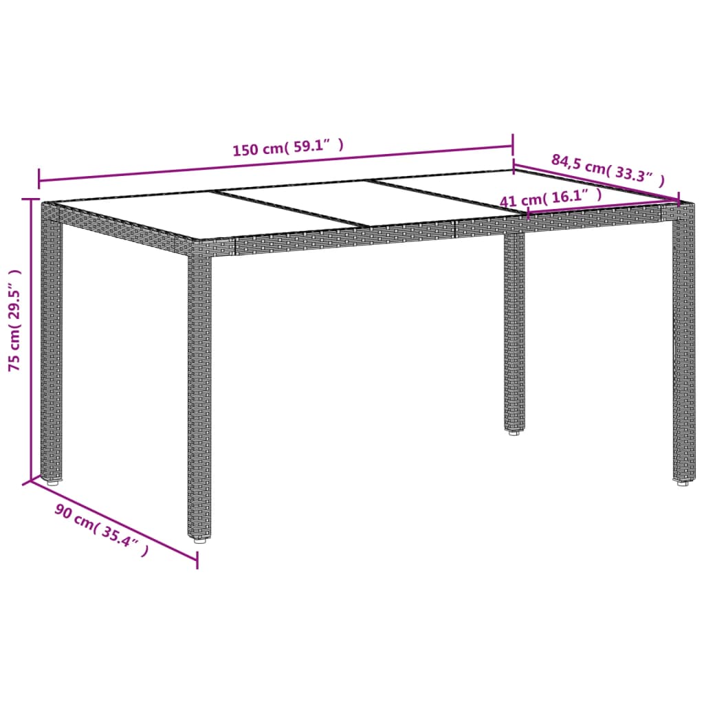vidaXL Garden Table with Glass Top Light Grey 150x90x75 cm Poly Rattan
