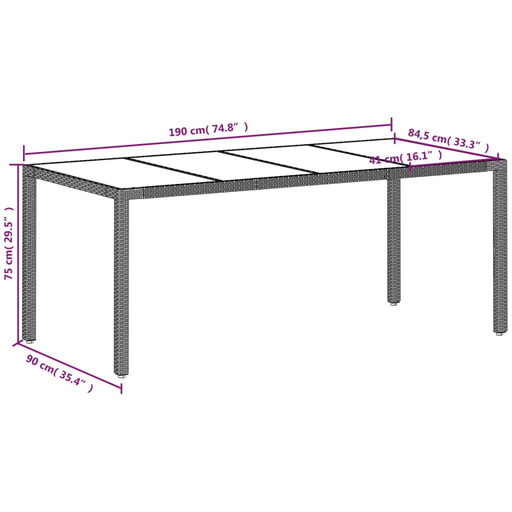 vidaXL Garden Table with Glass Top Light Grey 190x90x75 cm Poly Rattan