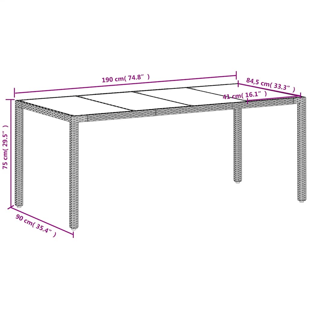 vidaXL Garden Table with Glass Top White 190x90x75 cm Poly Rattan
