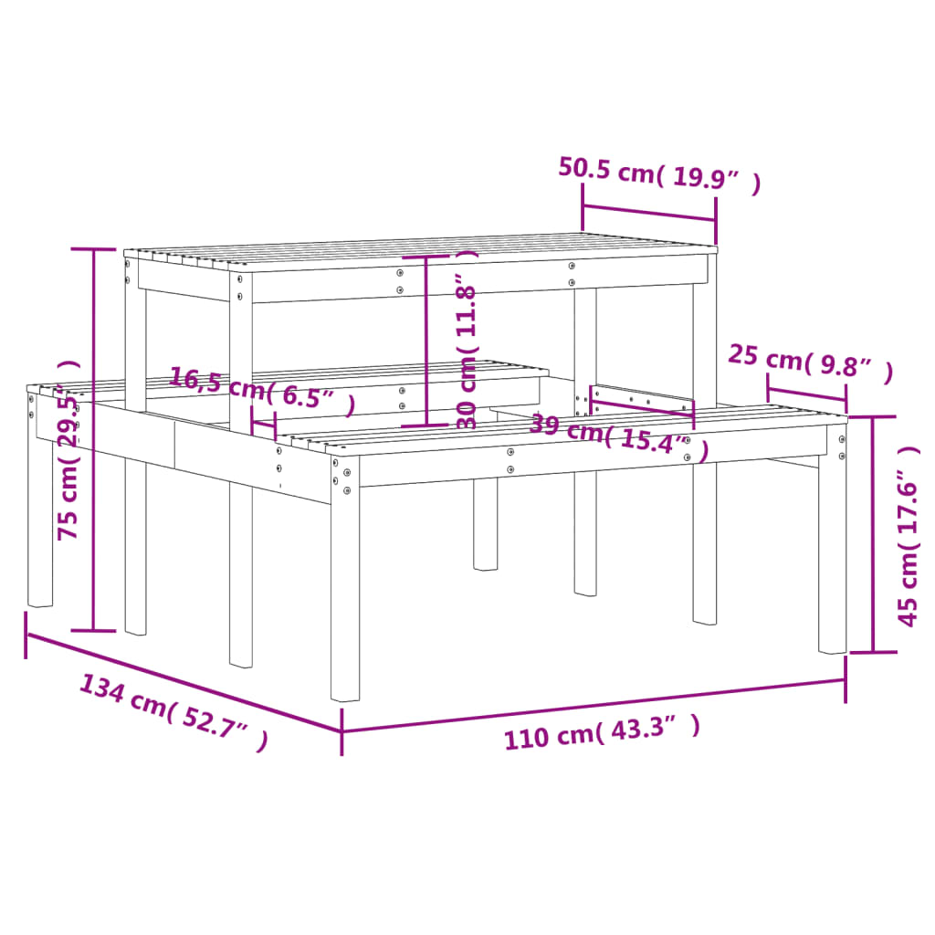 vidaXL Picnic Table Wax Brown 110x134x75 cm Solid Wood Pine - 110 x 134 x 75cm