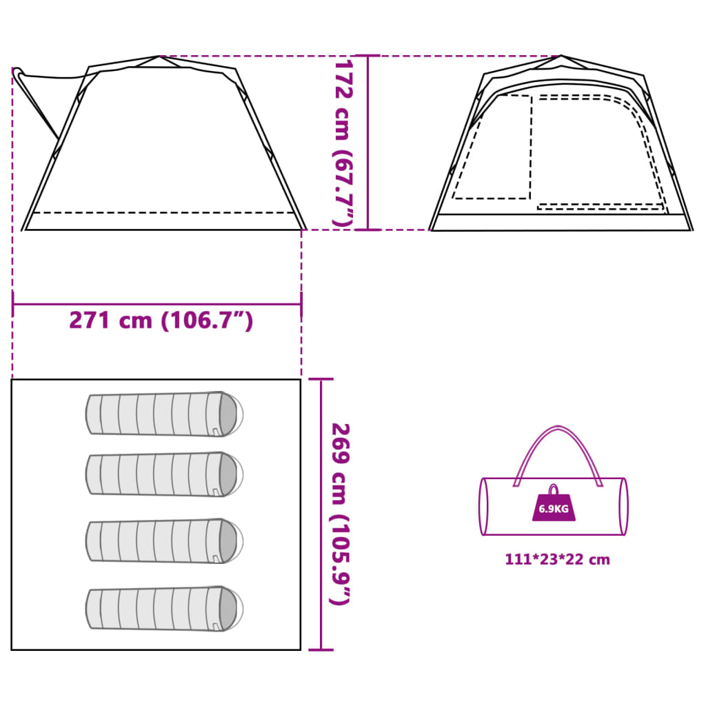 vidaXL Camping Tent Cabin 4-Person Grey and Orange Quick Release