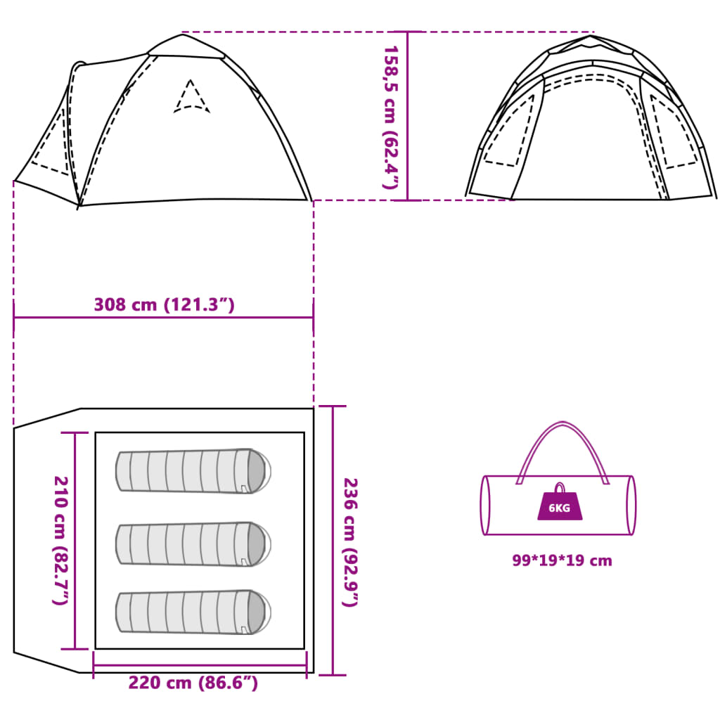 vidaXL Camping Tent Dome 3-Person Green Quick Release - 36405