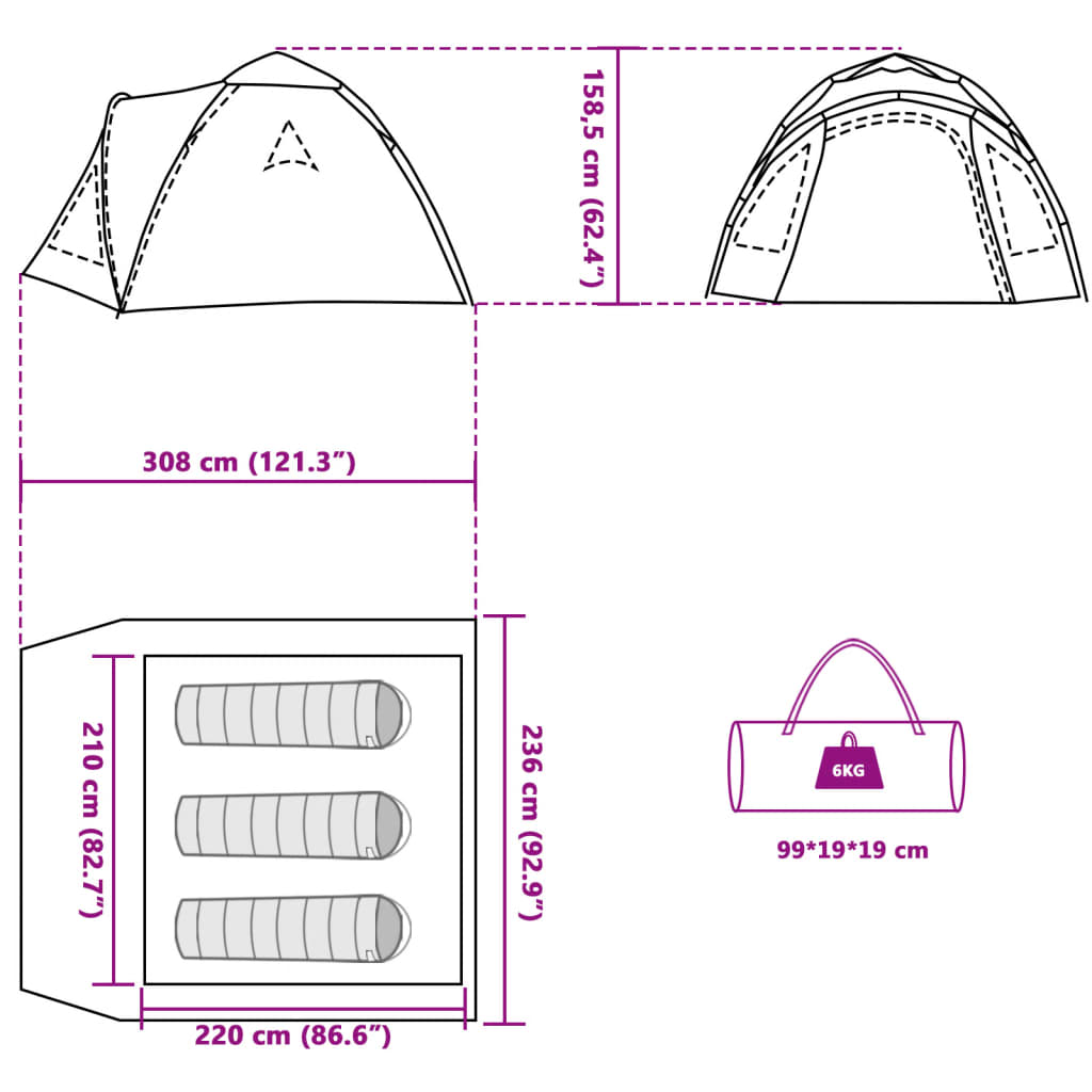 vidaXL Camping Tent Dome 3-Person Grey and Orange Quick Release - 36419