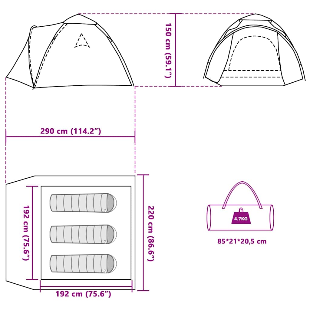 vidaXL Camping Tent Dome 3-Person Green Quick Release - 36426