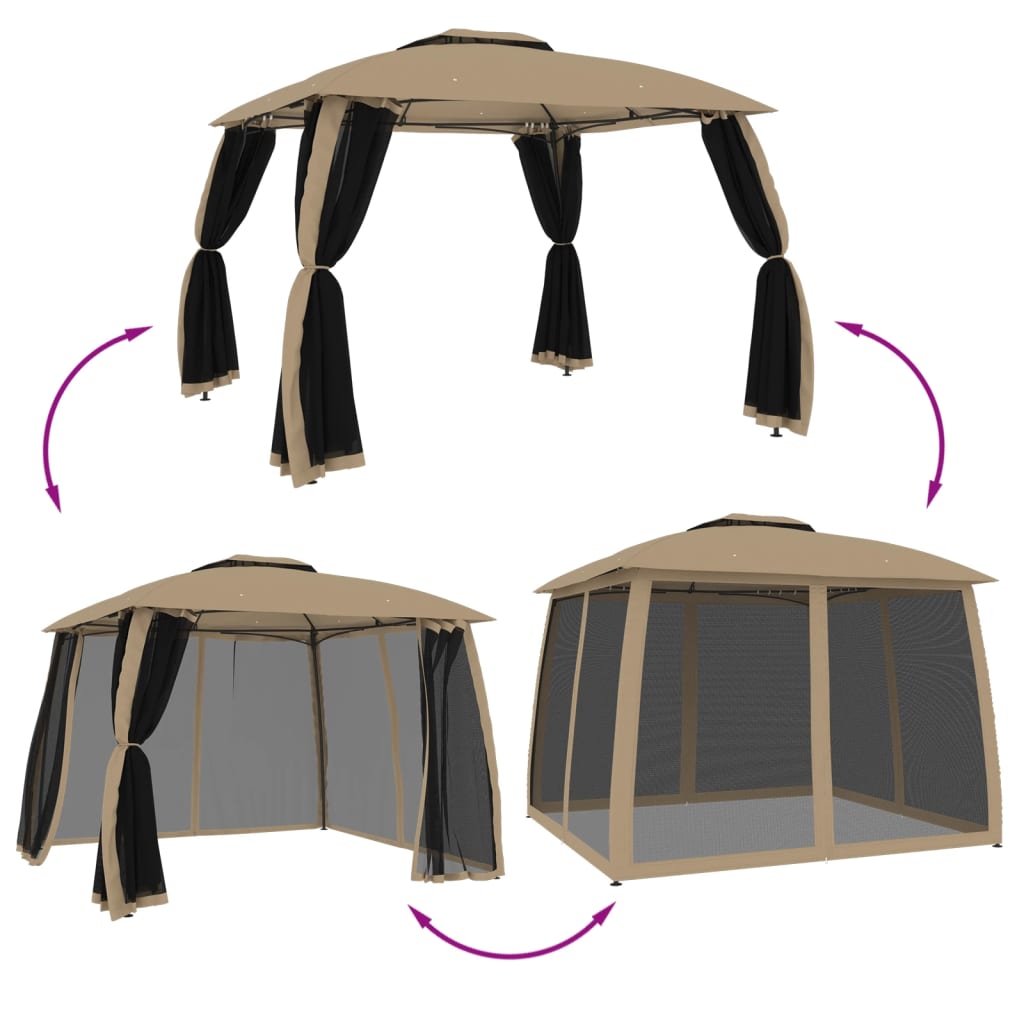 vidaXL Gazebo with Double Roof and Mesh Walls Taupe 2.93x2.93 m Steel