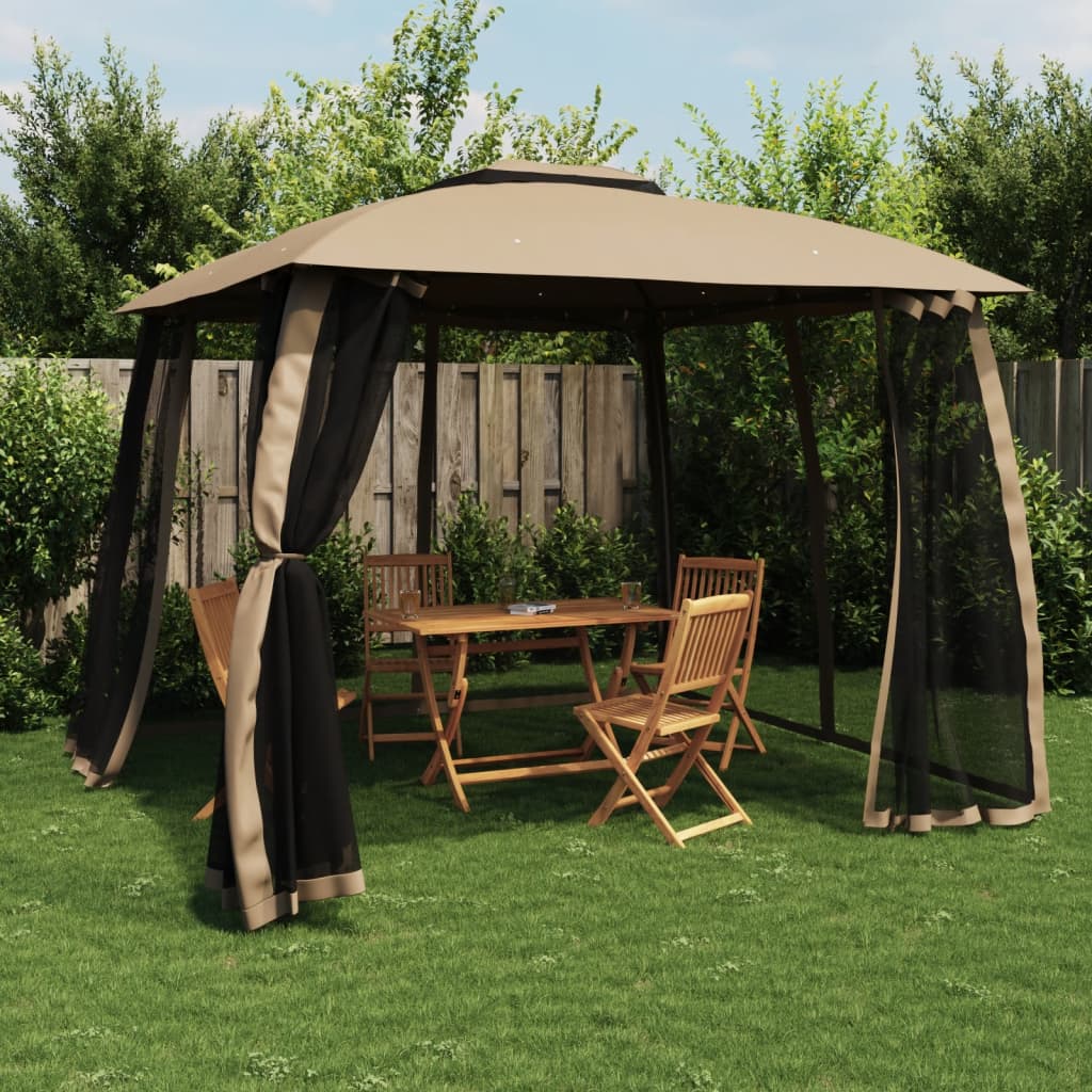 vidaXL Gazebo with Double Roof and Mesh Walls Taupe 2.93x2.93 m Steel