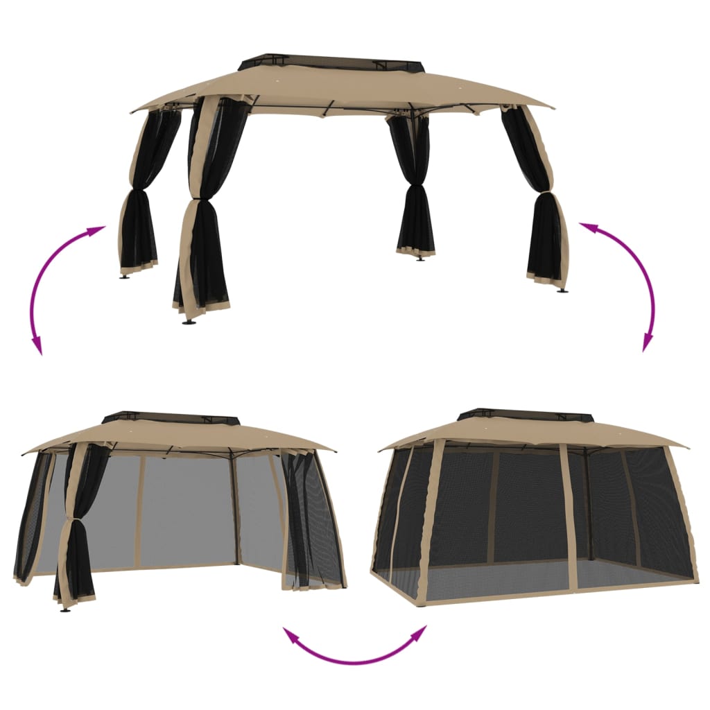 vidaXL Gazebo with Double Roof and Mesh Walls Taupe 3.93x2.93 m Steel