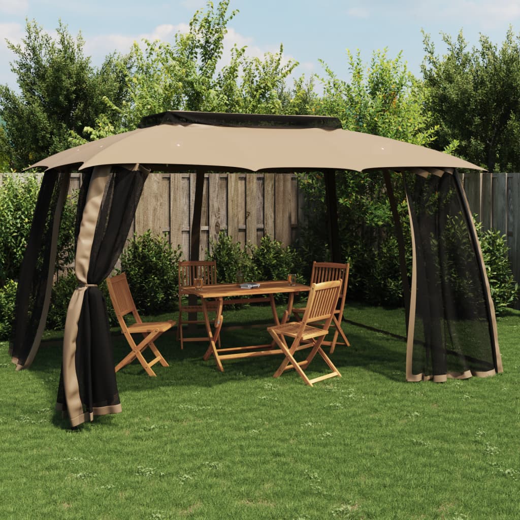 vidaXL Gazebo with Double Roof and Mesh Walls Taupe 3.93x2.93 m Steel