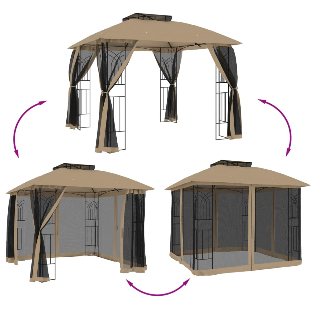 vidaXL Gazebo with Double Roof and Mesh Walls Taupe 2.94x2.94 m Steel