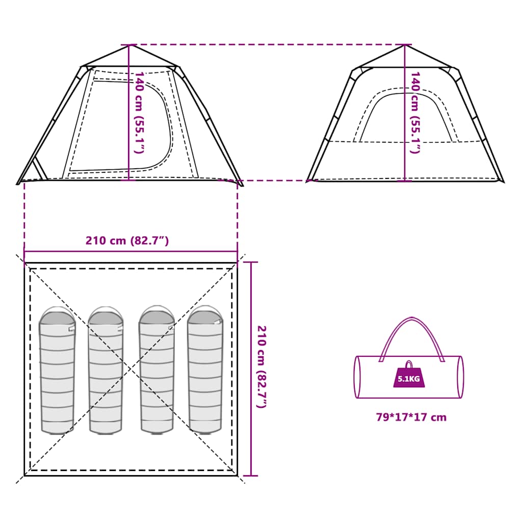 vidaXL Camping Tent Dome 4-Person Green Quick Release