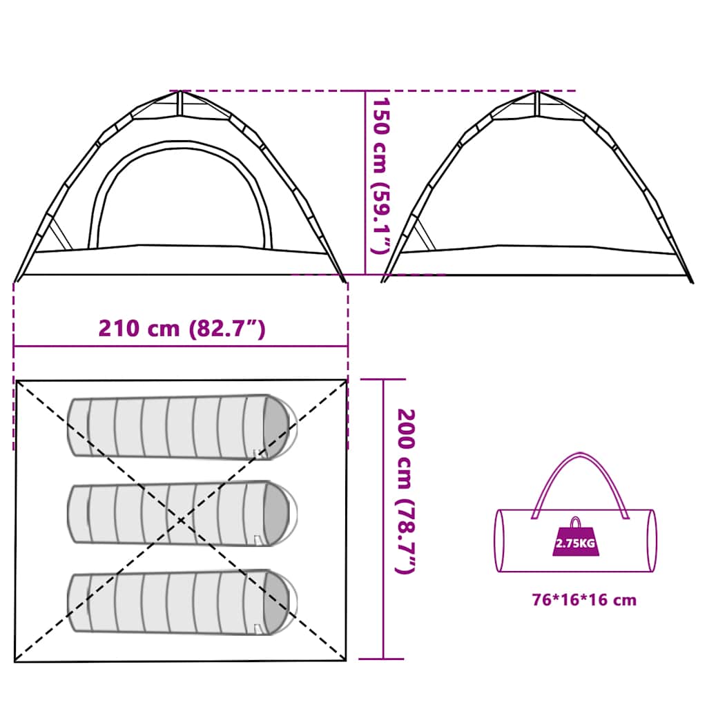 vidaXL Camping Tent 3-Person Green Quick Release