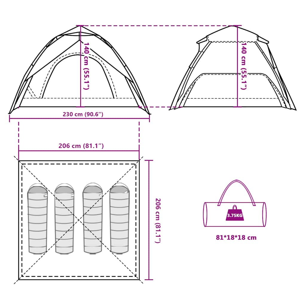 vidaXL Camping Tent Dome 4-Person Grey and Orange Quick Release - 36282