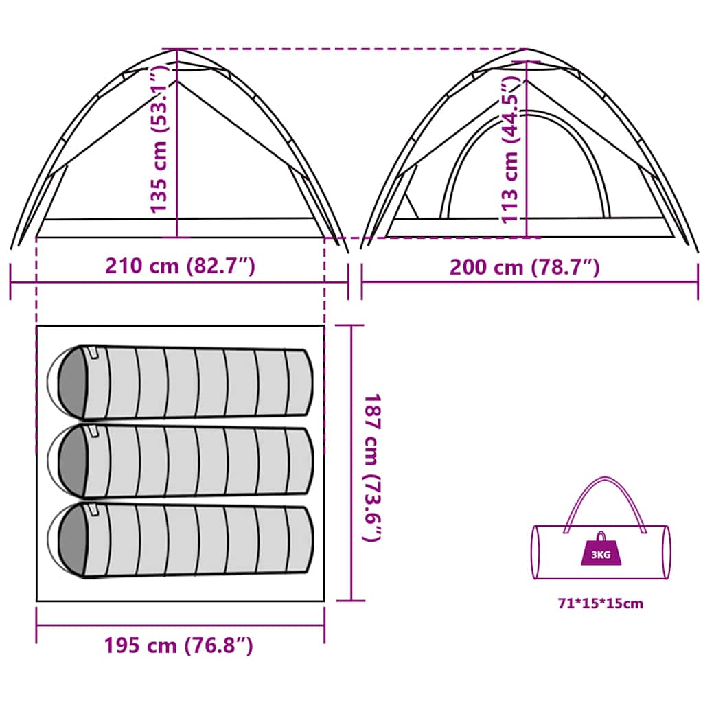 vidaXL Camping Tent Dome 3-Person Blue Quick Release - 36334