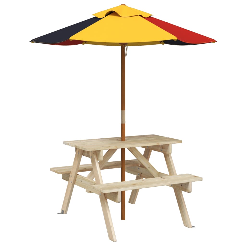 vidaXL Picnic Table for 4 Kids with Umbrella Solid Wood Fir - Brown