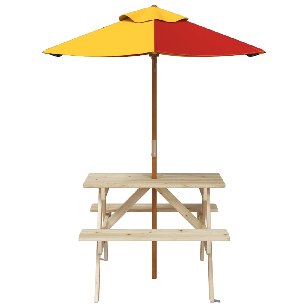vidaXL Picnic Table for 4 Kids with Umbrella Solid Wood Fir - Brown